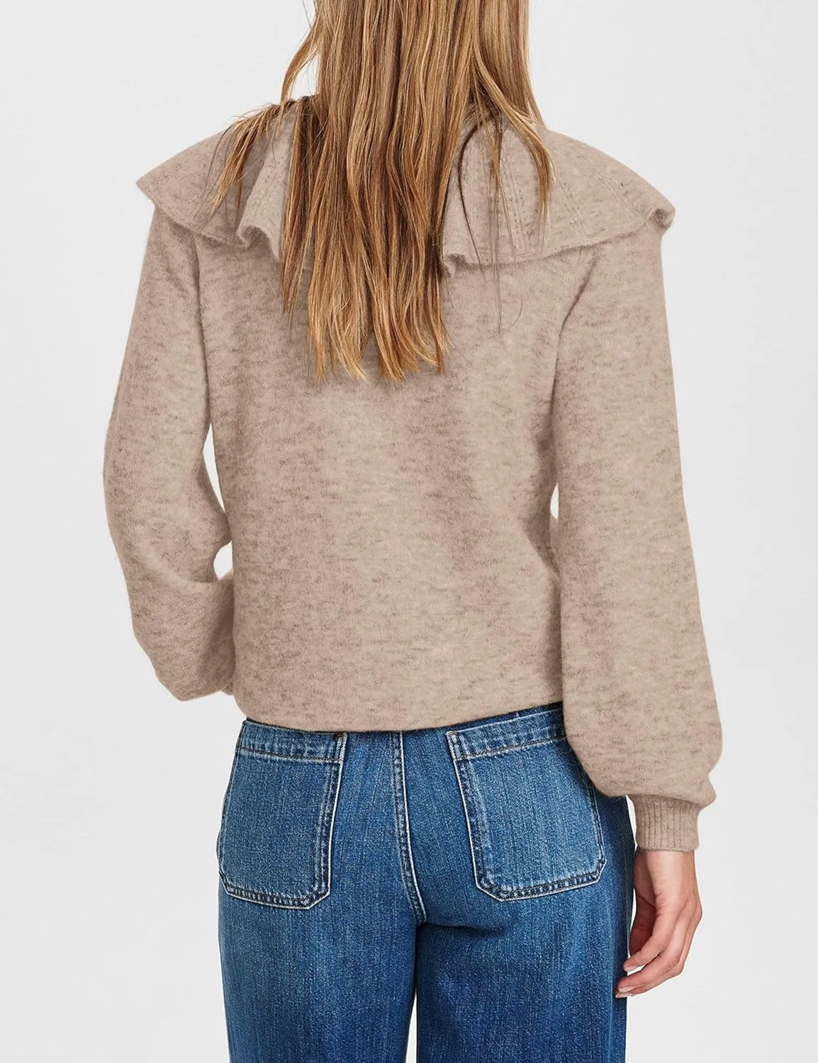 Women Ruffle Collar Button Down Cardigan Sweater Open Front Long Sleeve Knit Sweater Pullovers Top with Pockets