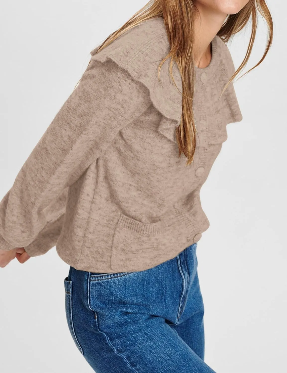 Women Ruffle Collar Button Down Cardigan Sweater Open Front Long Sleeve Knit Sweater Pullovers Top with Pockets