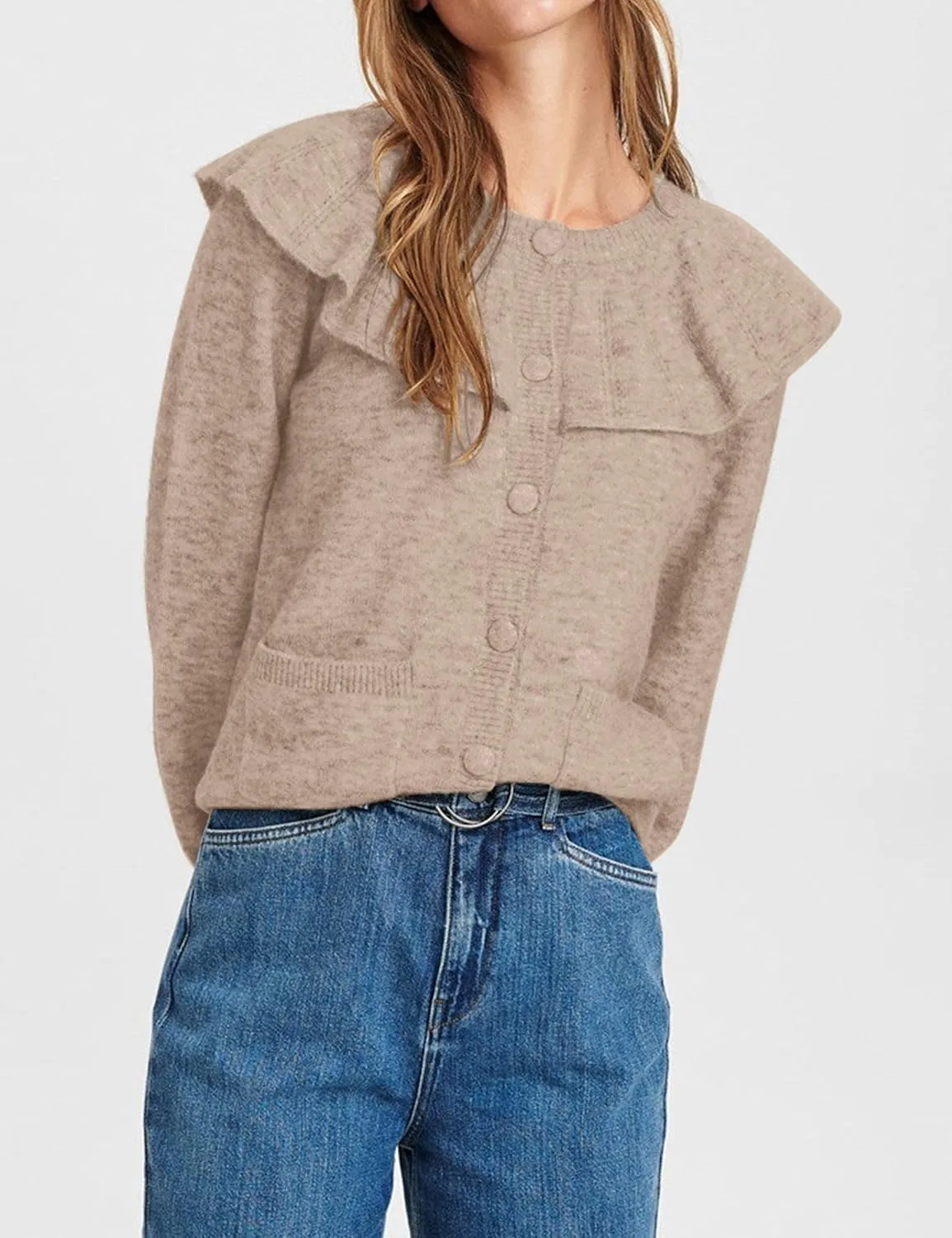 Women Ruffle Collar Button Down Cardigan Sweater Open Front Long Sleeve Knit Sweater Pullovers Top with Pockets