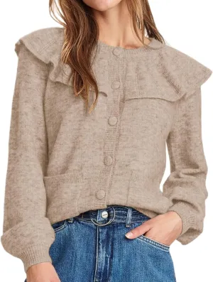Women Ruffle Collar Button Down Cardigan Sweater Open Front Long Sleeve Knit Sweater Pullovers Top with Pockets