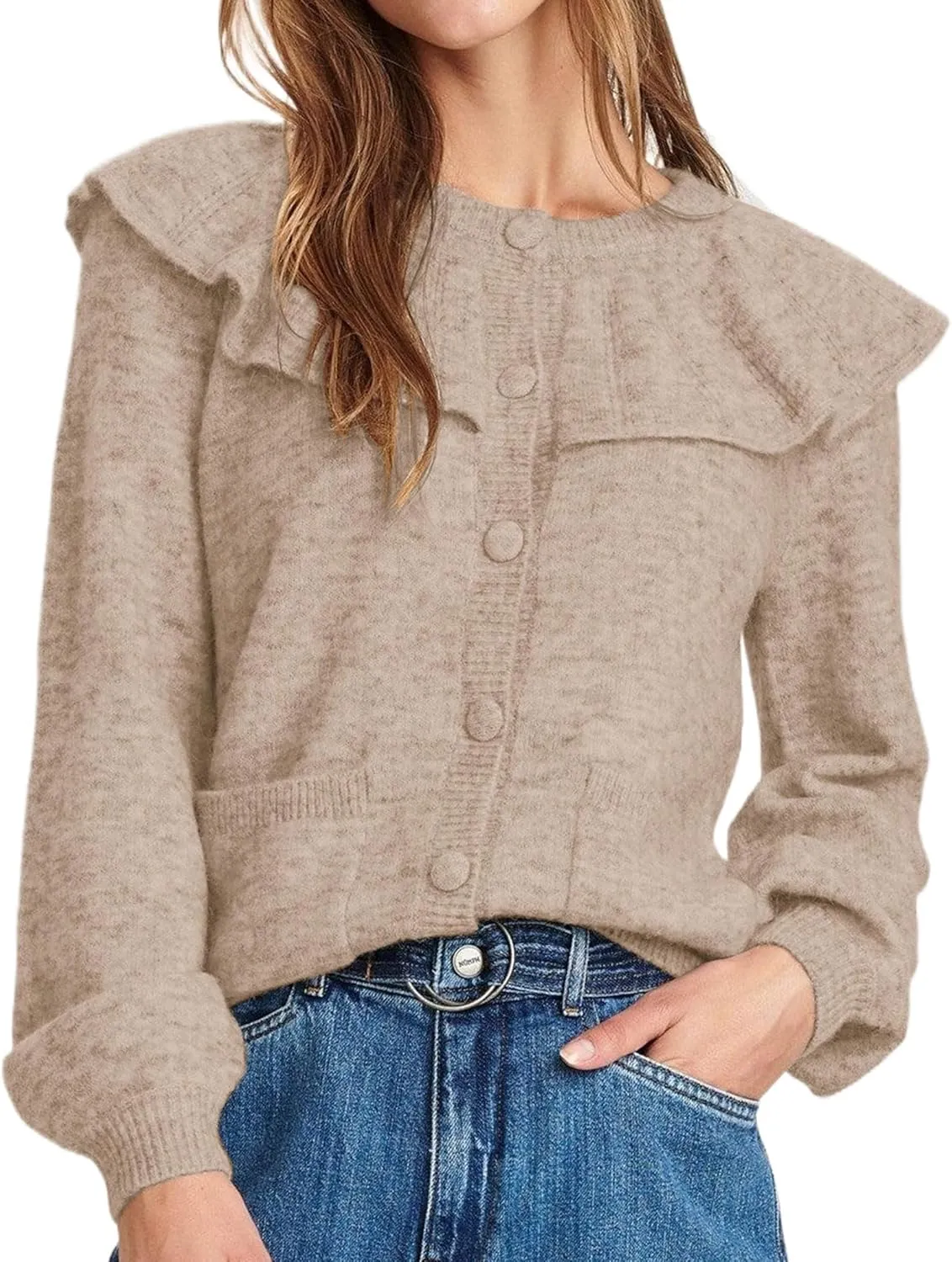Women Ruffle Collar Button Down Cardigan Sweater Open Front Long Sleeve Knit Sweater Pullovers Top with Pockets