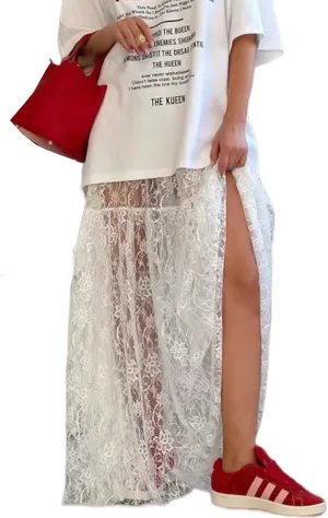 Women Sexy Sheer Lace White Flare Skirts Summer Floral Embroidered High Waist Long Maxi Beach Skirt