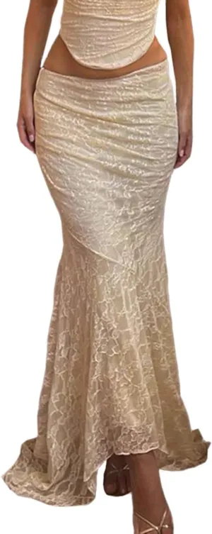 Women Sexy Sheer Lace White Flare Skirts Summer Floral Embroidered High Waist Long Maxi Beach Skirt