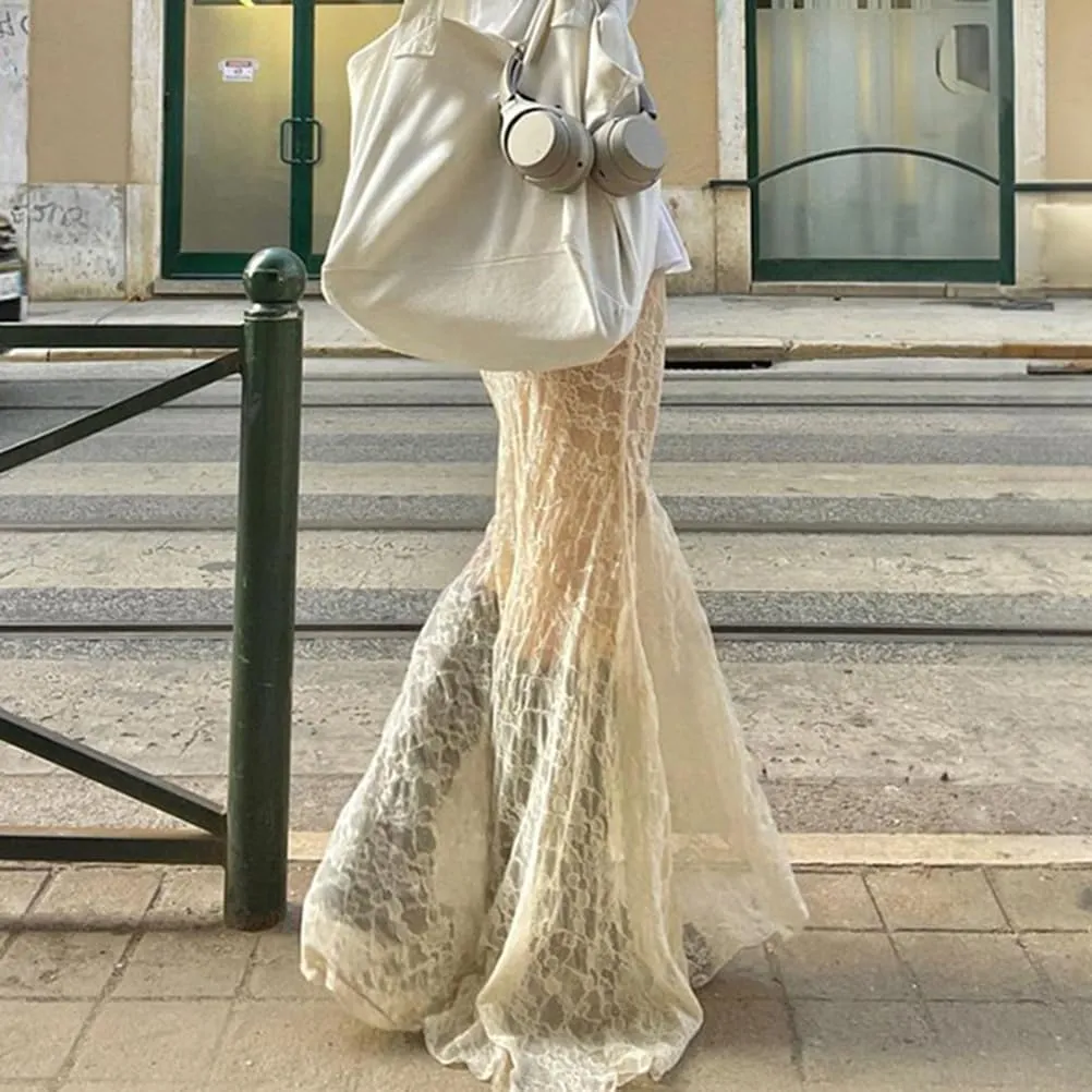 Women Sexy Sheer Lace White Flare Skirts Summer Floral Embroidered High Waist Long Maxi Beach Skirt