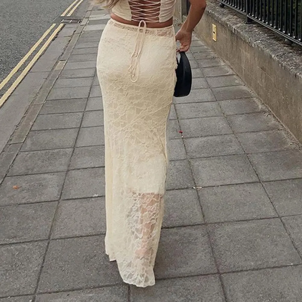Women Sexy Sheer Lace White Flare Skirts Summer Floral Embroidered High Waist Long Maxi Beach Skirt