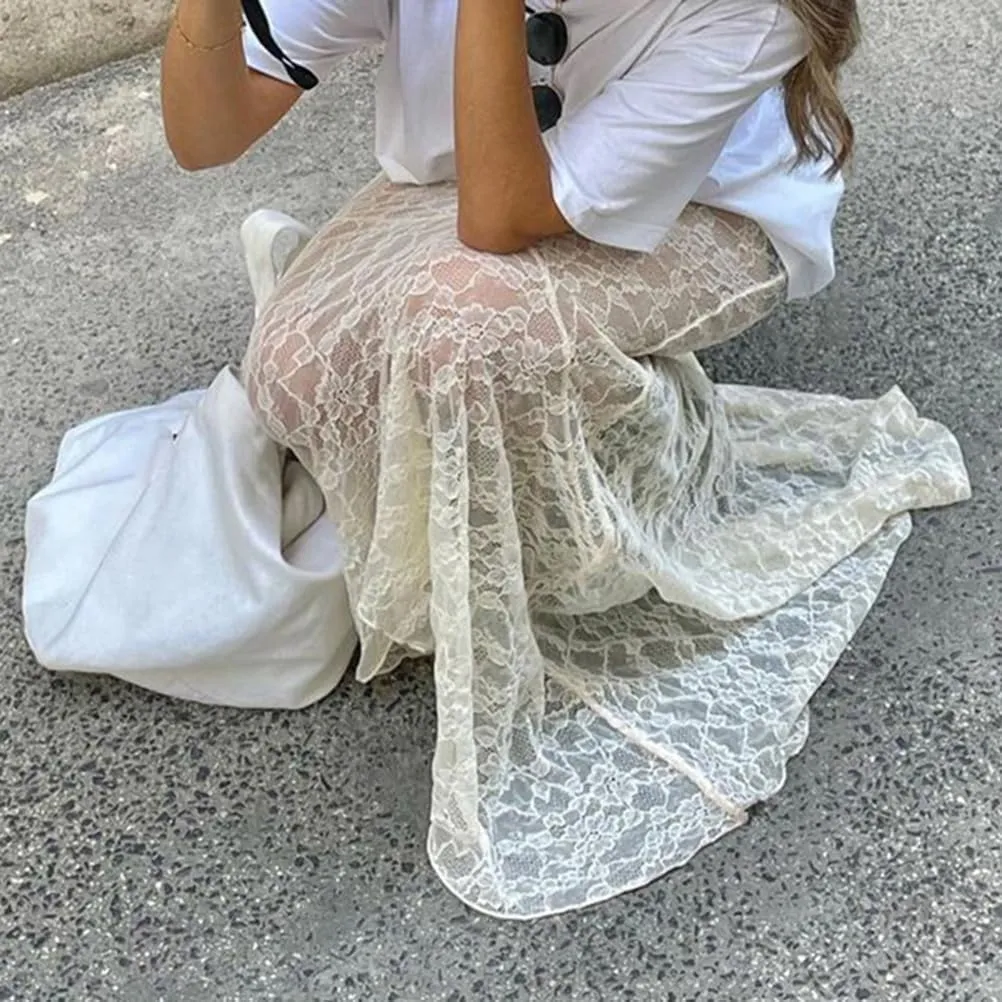 Women Sexy Sheer Lace White Flare Skirts Summer Floral Embroidered High Waist Long Maxi Beach Skirt