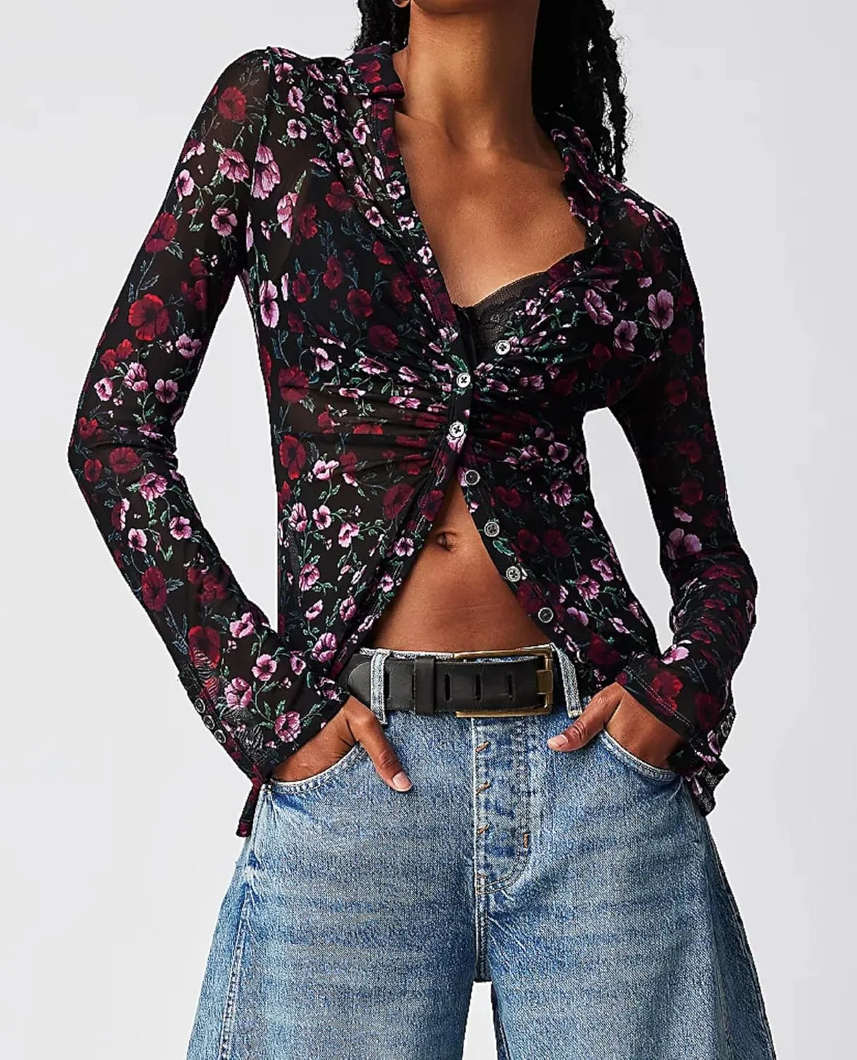 Women Sheer Mesh Print Button Up Shirt Long Sleeve V Neck Floral Shirt Blouse Sexy Slim Fit Buttons Y2K Cardigan Shirts