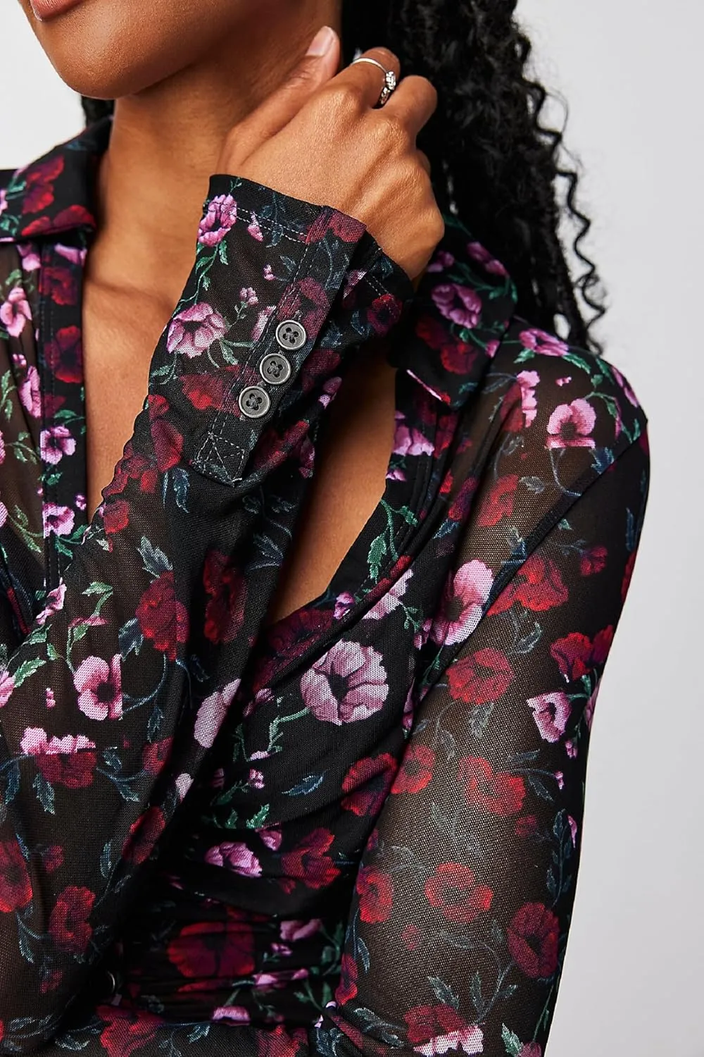 Women Sheer Mesh Print Button Up Shirt Long Sleeve V Neck Floral Shirt Blouse Sexy Slim Fit Buttons Y2K Cardigan Shirts