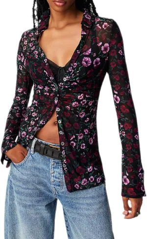 Women Sheer Mesh Print Button Up Shirt Long Sleeve V Neck Floral Shirt Blouse Sexy Slim Fit Buttons Y2K Cardigan Shirts