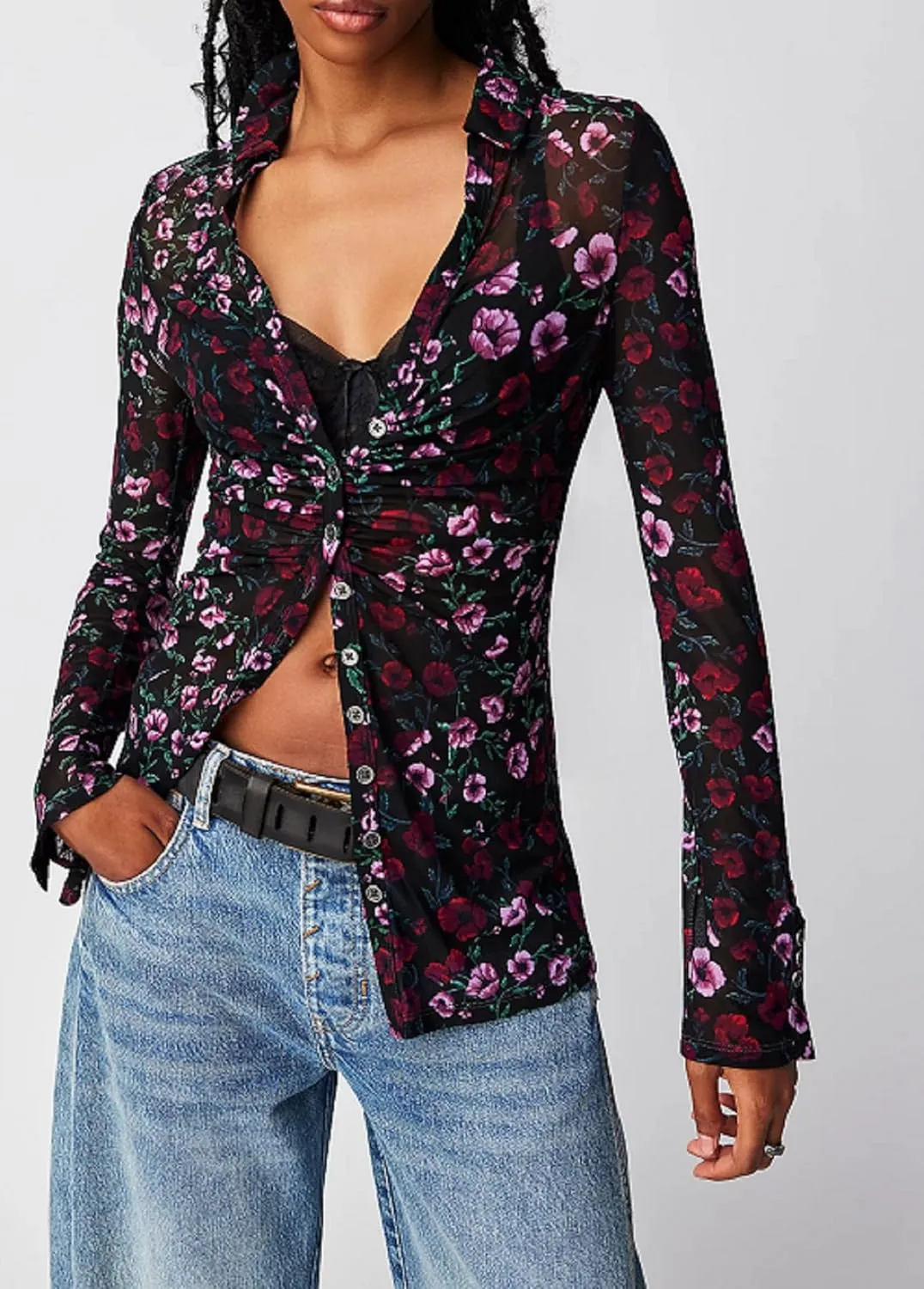 Women Sheer Mesh Print Button Up Shirt Long Sleeve V Neck Floral Shirt Blouse Sexy Slim Fit Buttons Y2K Cardigan Shirts