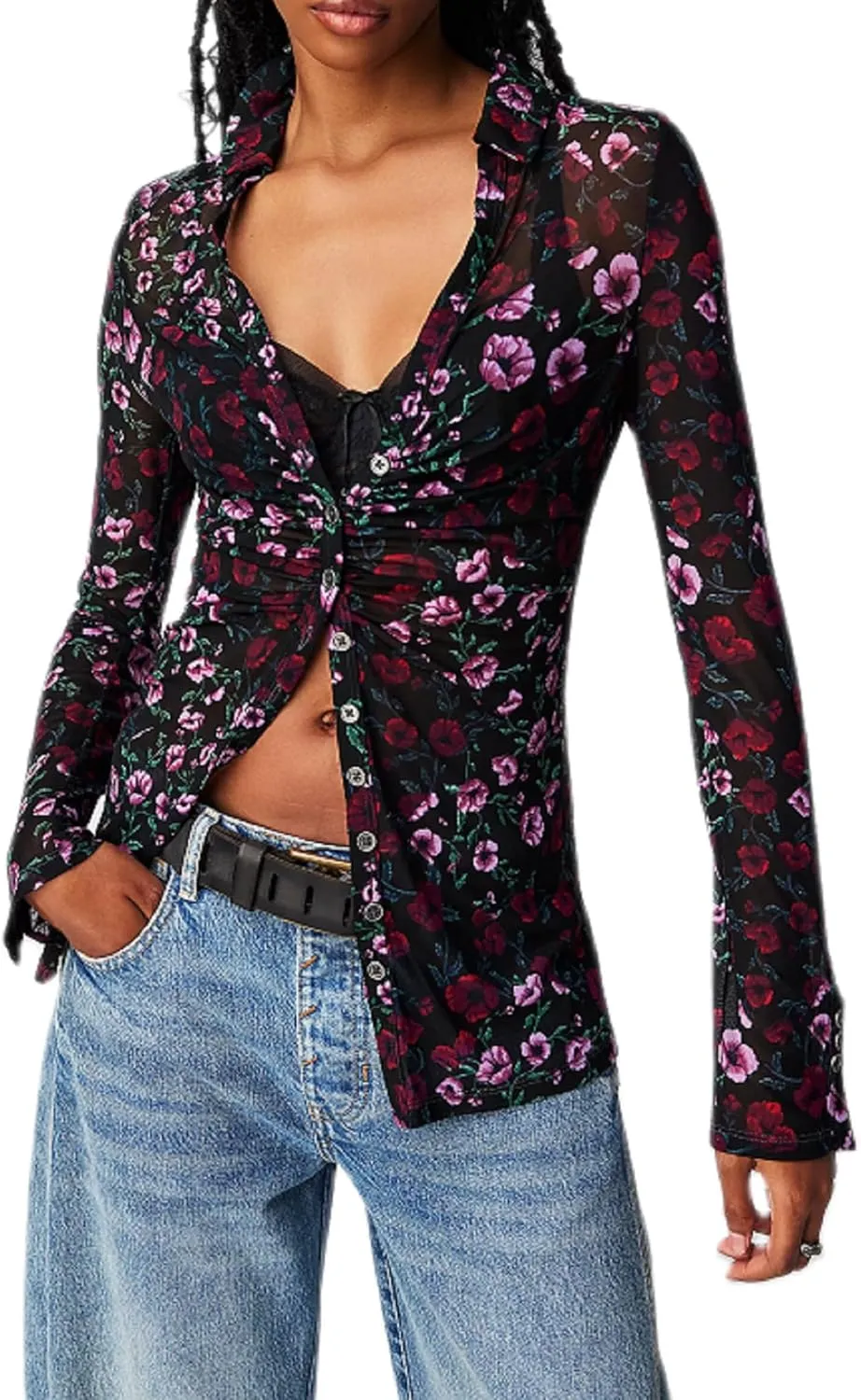 Women Sheer Mesh Print Button Up Shirt Long Sleeve V Neck Floral Shirt Blouse Sexy Slim Fit Buttons Y2K Cardigan Shirts