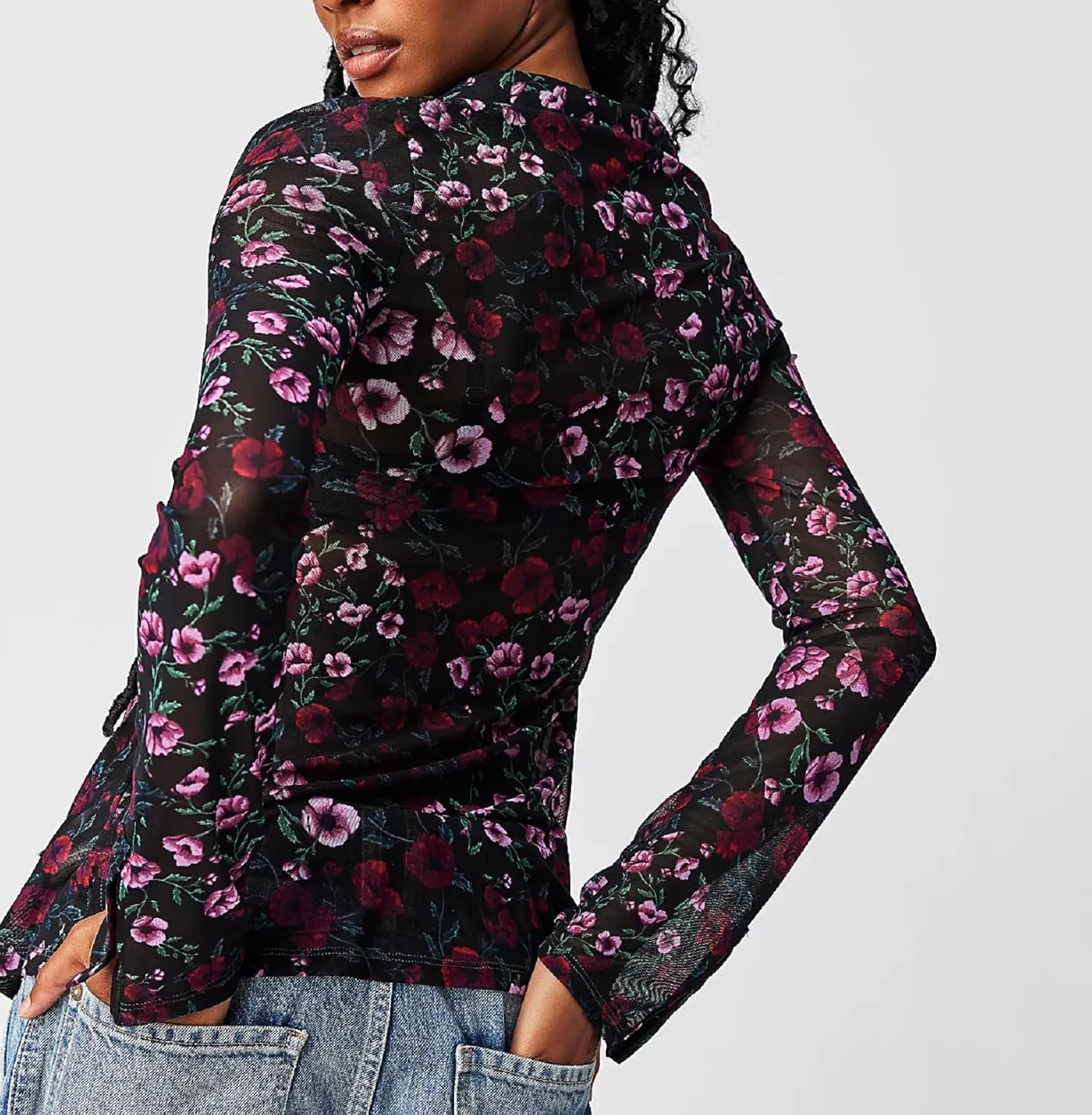 Women Sheer Mesh Print Button Up Shirt Long Sleeve V Neck Floral Shirt Blouse Sexy Slim Fit Buttons Y2K Cardigan Shirts