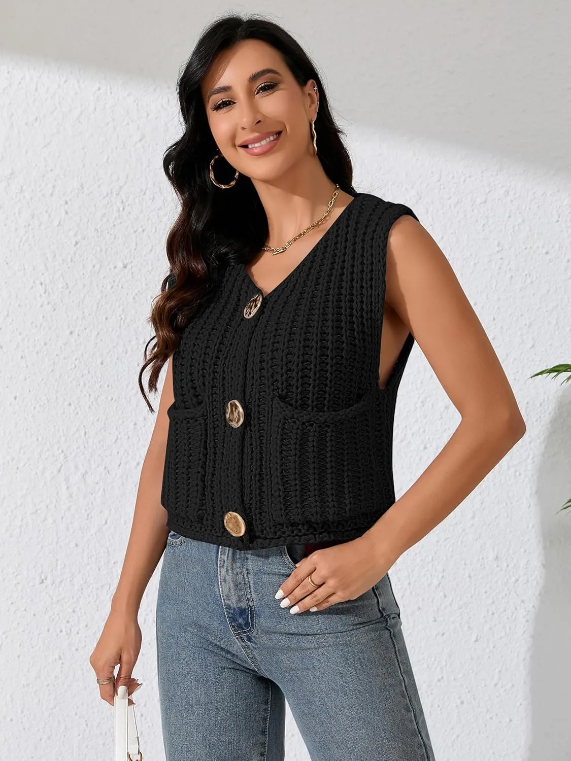 Women Sleeveless Knit Sweater Vest Crochet Chunky Button Down Cardigan Crop Vests Tops with Pockets