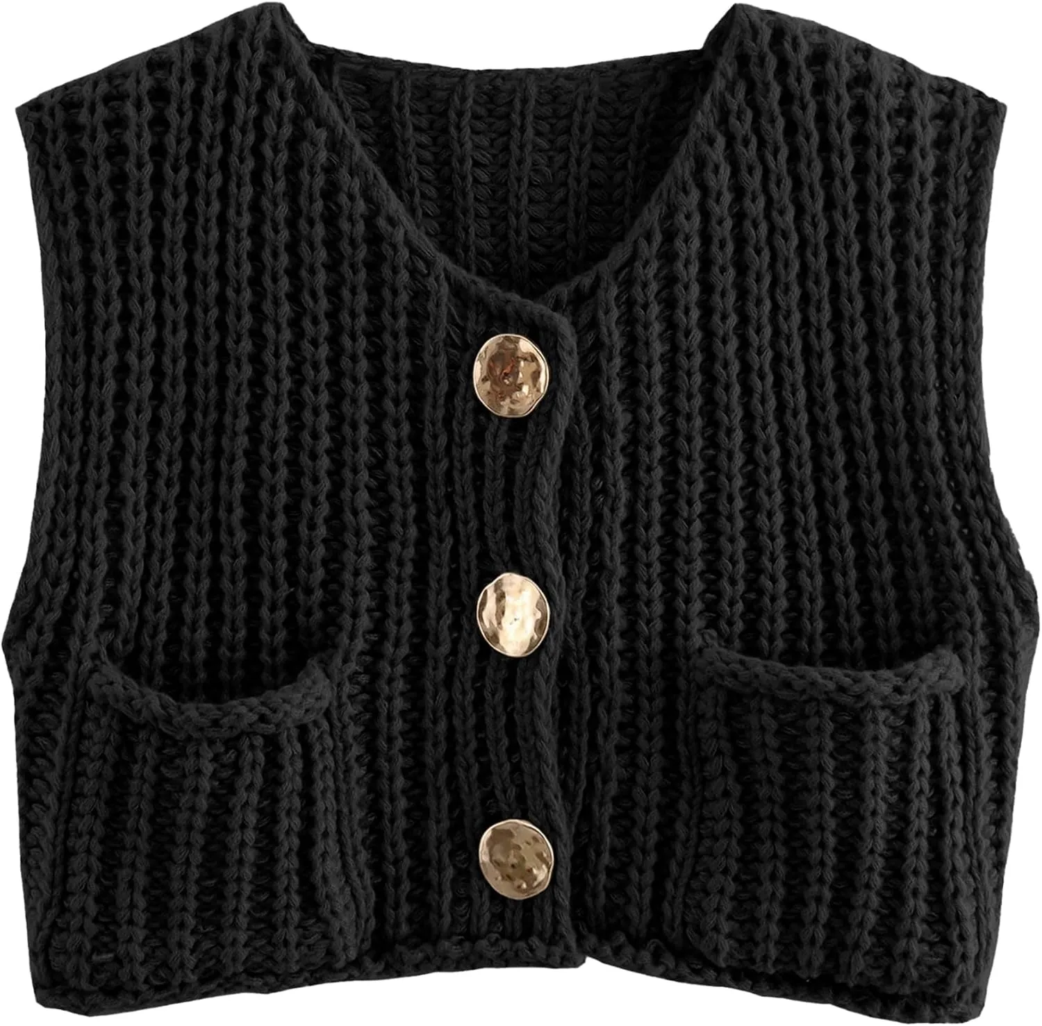 Women Sleeveless Knit Sweater Vest Crochet Chunky Button Down Cardigan Crop Vests Tops with Pockets