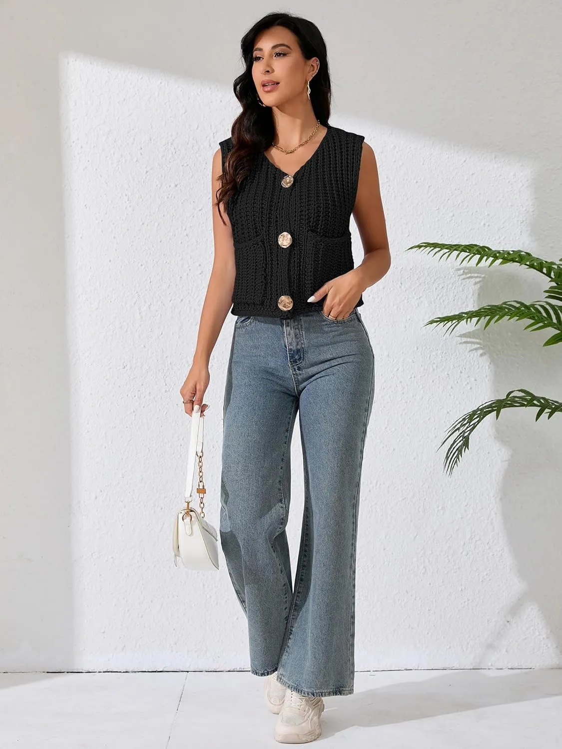 Women Sleeveless Knit Sweater Vest Crochet Chunky Button Down Cardigan Crop Vests Tops with Pockets