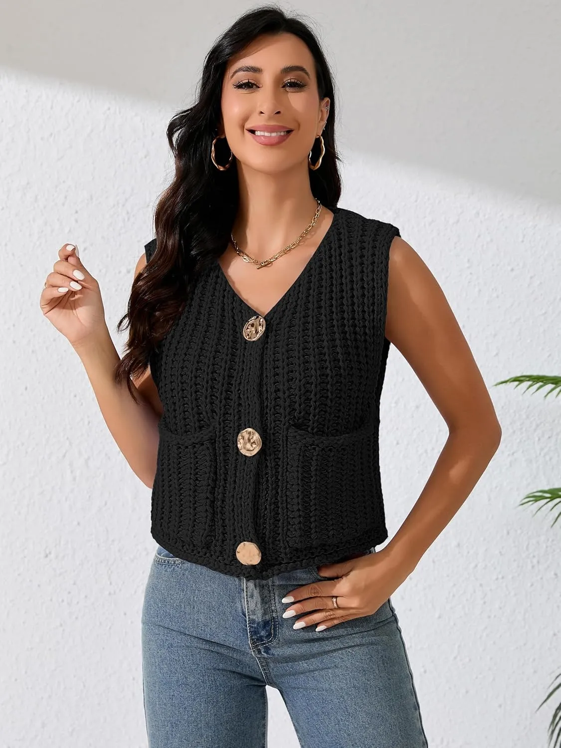 Women Sleeveless Knit Sweater Vest Crochet Chunky Button Down Cardigan Crop Vests Tops with Pockets
