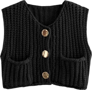 Women Sleeveless Knit Sweater Vest Crochet Chunky Button Down Cardigan Crop Vests Tops with Pockets