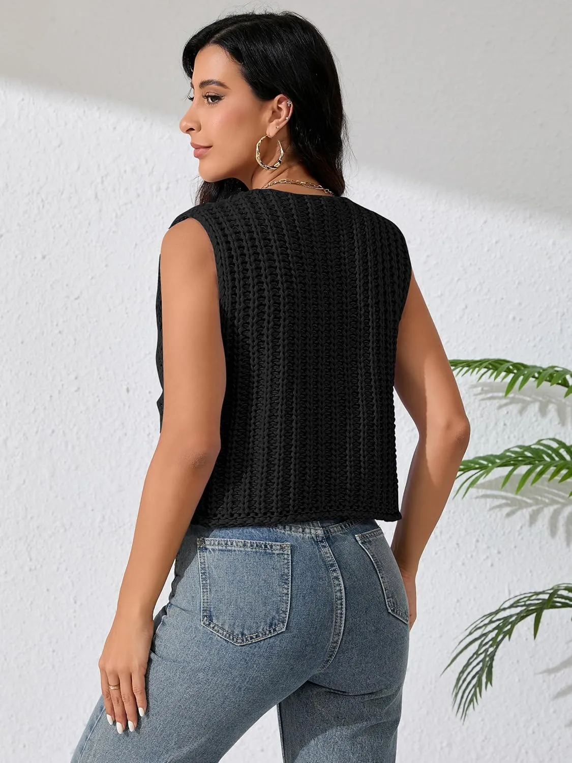 Women Sleeveless Knit Sweater Vest Crochet Chunky Button Down Cardigan Crop Vests Tops with Pockets