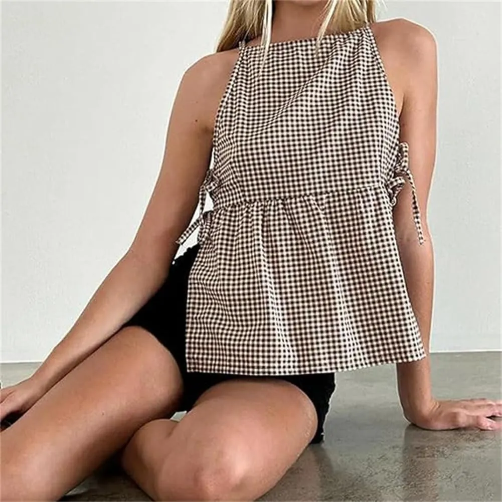 Women Tie Side Tank Top Sleeveless Split Peplum Coquette Shirt Plaid Trendy Going Out Summer Tops Y2k Streetwear