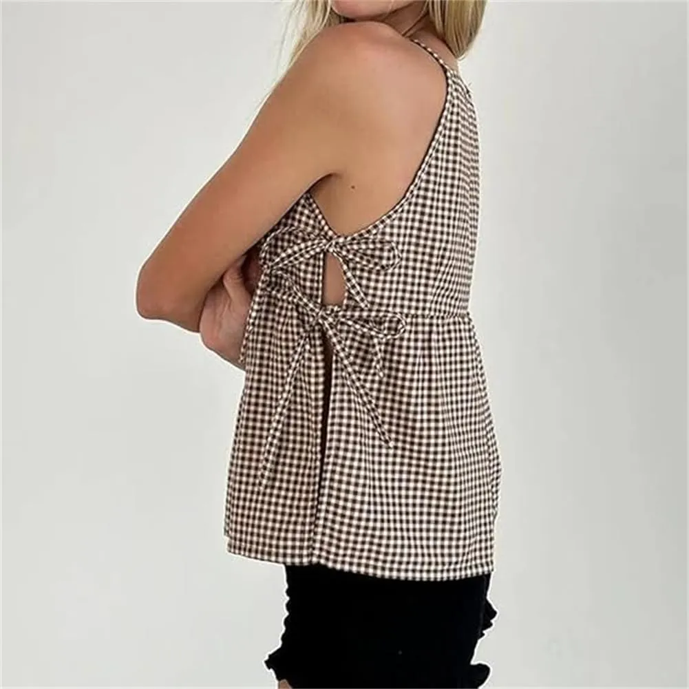 Women Tie Side Tank Top Sleeveless Split Peplum Coquette Shirt Plaid Trendy Going Out Summer Tops Y2k Streetwear