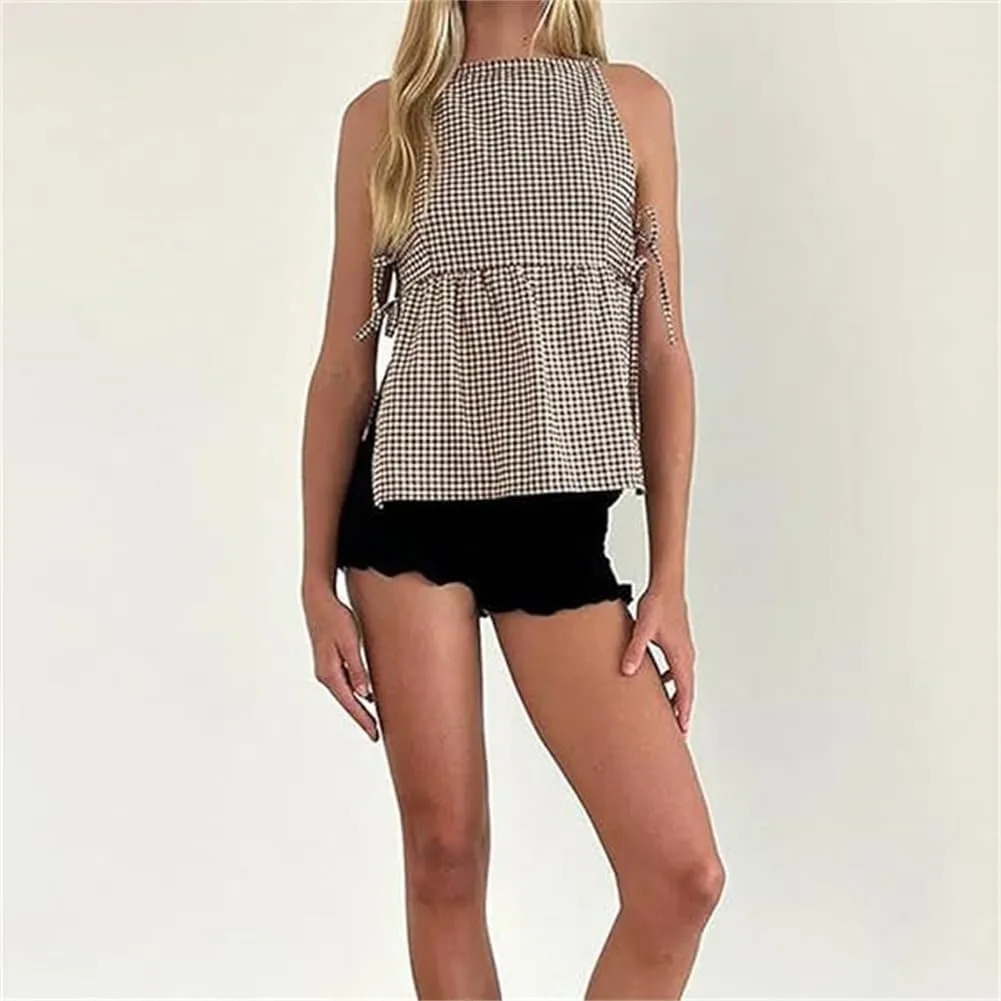 Women Tie Side Tank Top Sleeveless Split Peplum Coquette Shirt Plaid Trendy Going Out Summer Tops Y2k Streetwear