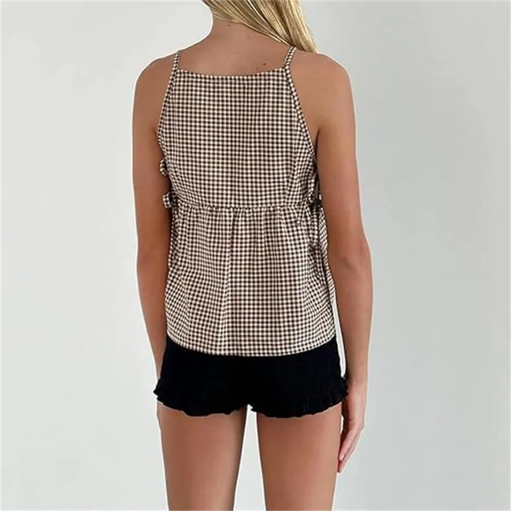 Women Tie Side Tank Top Sleeveless Split Peplum Coquette Shirt Plaid Trendy Going Out Summer Tops Y2k Streetwear