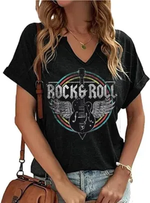 Women Vintage V Neck Shirts Rock and Roll Music Guitar Graphic T Shirt Country Music Tops Teacher Tee
