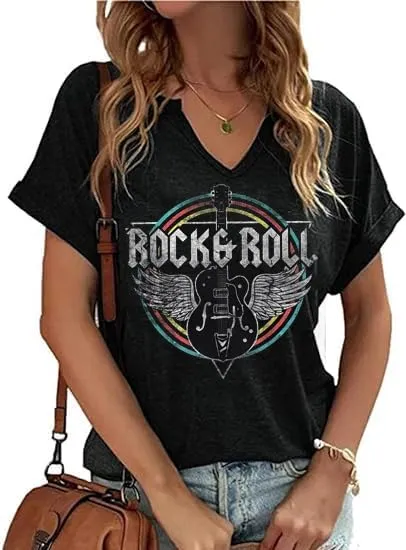 Women Vintage V Neck Shirts Rock and Roll Music Guitar Graphic T Shirt Country Music Tops Teacher Tee