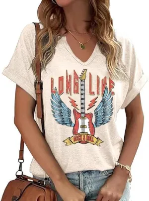 Women Vintage V Neck Shirts Rock and Roll Music Guitar Graphic T Shirt Country Music Tops Teacher Tee