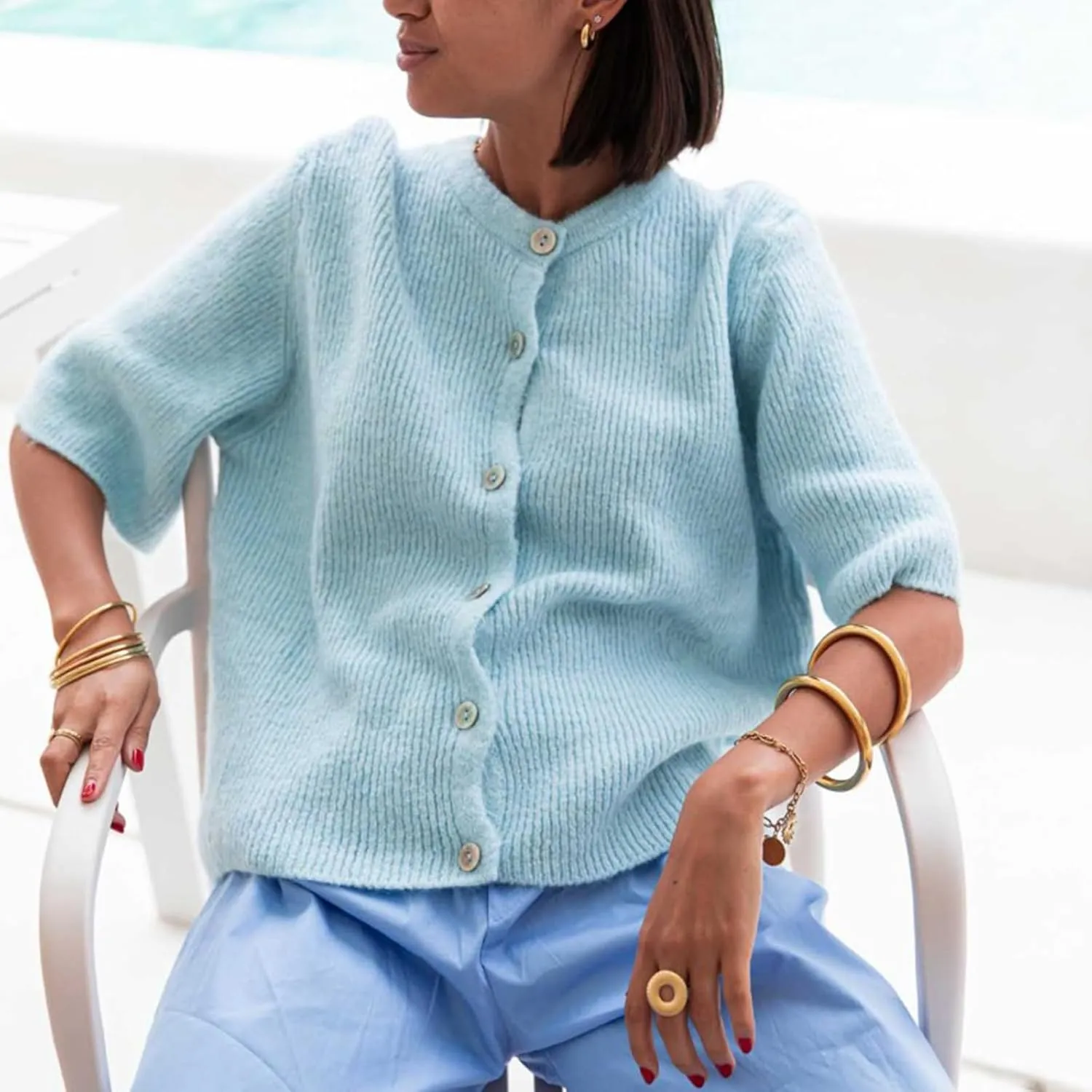 Women Y2K Button Down Sweater Cardigan Knit Crew Neck Short Sleeve Open Front Sweater Lightweight Knitwear Crop Top