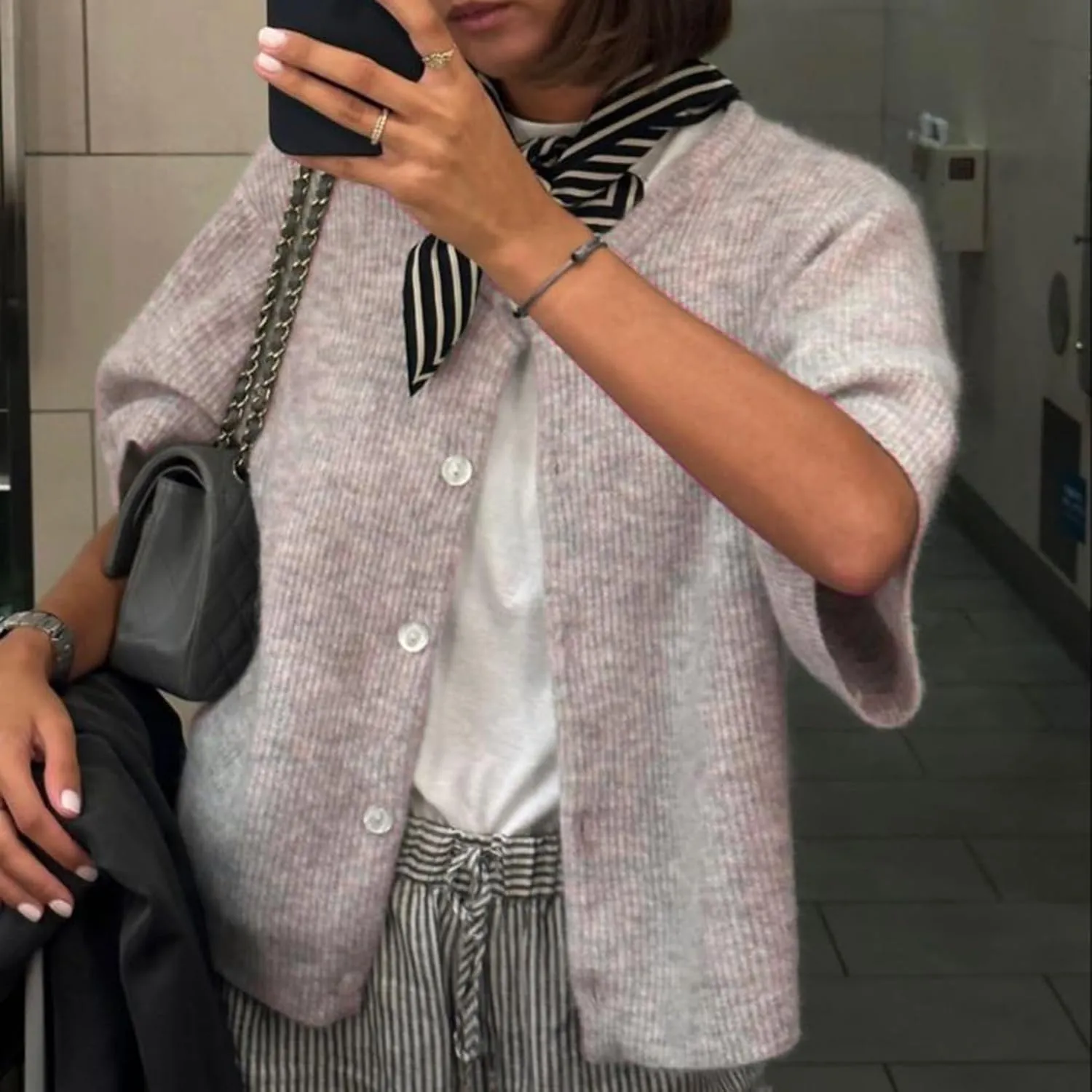 Women Y2k Knitted Crop Cardigan Short Sleeve Button Up Rib Knit Solid Color Cute Sweater Shirt