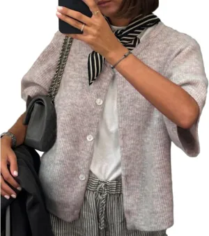 Women Y2k Knitted Crop Cardigan Short Sleeve Button Up Rib Knit Solid Color Cute Sweater Shirt