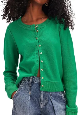 Women Y2K Open Front Button Down Knit Crop Cardigan Sweater Scoop Neck Long Sleeve Solid Causal Ribbed Top Fall