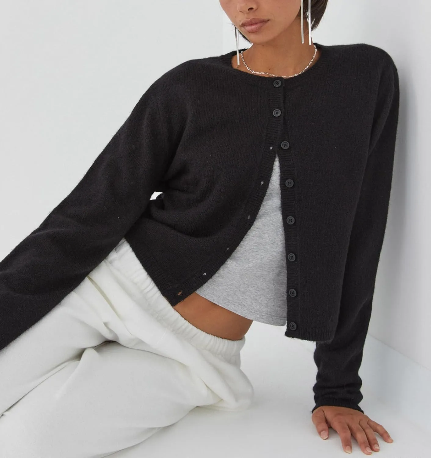 Women Y2k Open Front Sweater Long Sleeve Crewneck Crop Cardigan Cute Button Down Knit Pullover Tops Streetwear