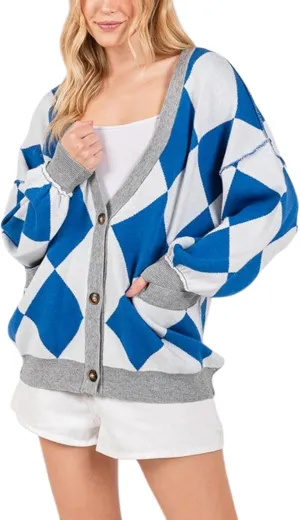 Women Y2k Plaid Cardigan Sweater Oversized Checkered Open Front Cardigan Button Down Long Sleeve Sweater Streetwear