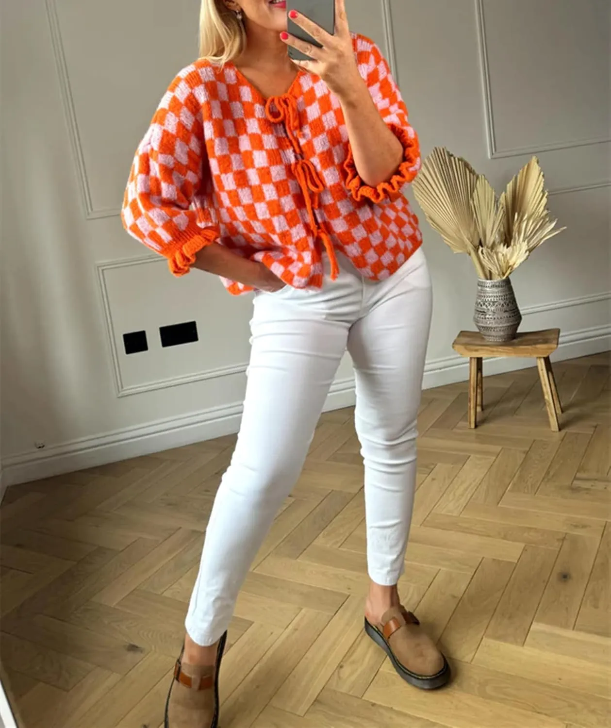 Women Y2K Tie Front Cardigan Sweater Ruffle Short Sleeve Checkered Open Front Knit Sweater Cute Loose Knitwear Tops