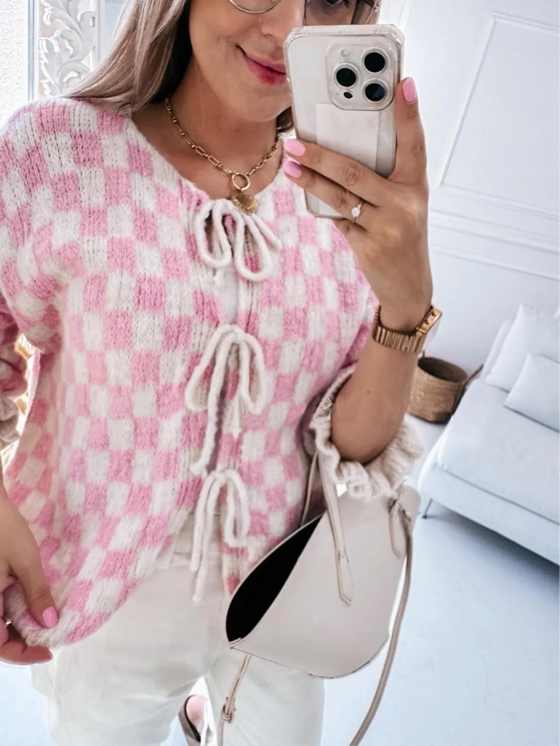 Women Y2K Tie Front Cardigan Sweater Ruffle Short Sleeve Checkered Open Front Knit Sweater Cute Loose Knitwear Tops