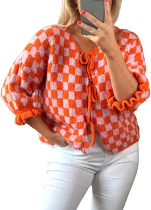 Women Y2K Tie Front Cardigan Sweater Ruffle Short Sleeve Checkered Open Front Knit Sweater Cute Loose Knitwear Tops