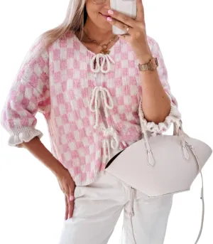 Women Y2K Tie Front Cardigan Sweater Ruffle Short Sleeve Checkered Open Front Knit Sweater Cute Loose Knitwear Tops