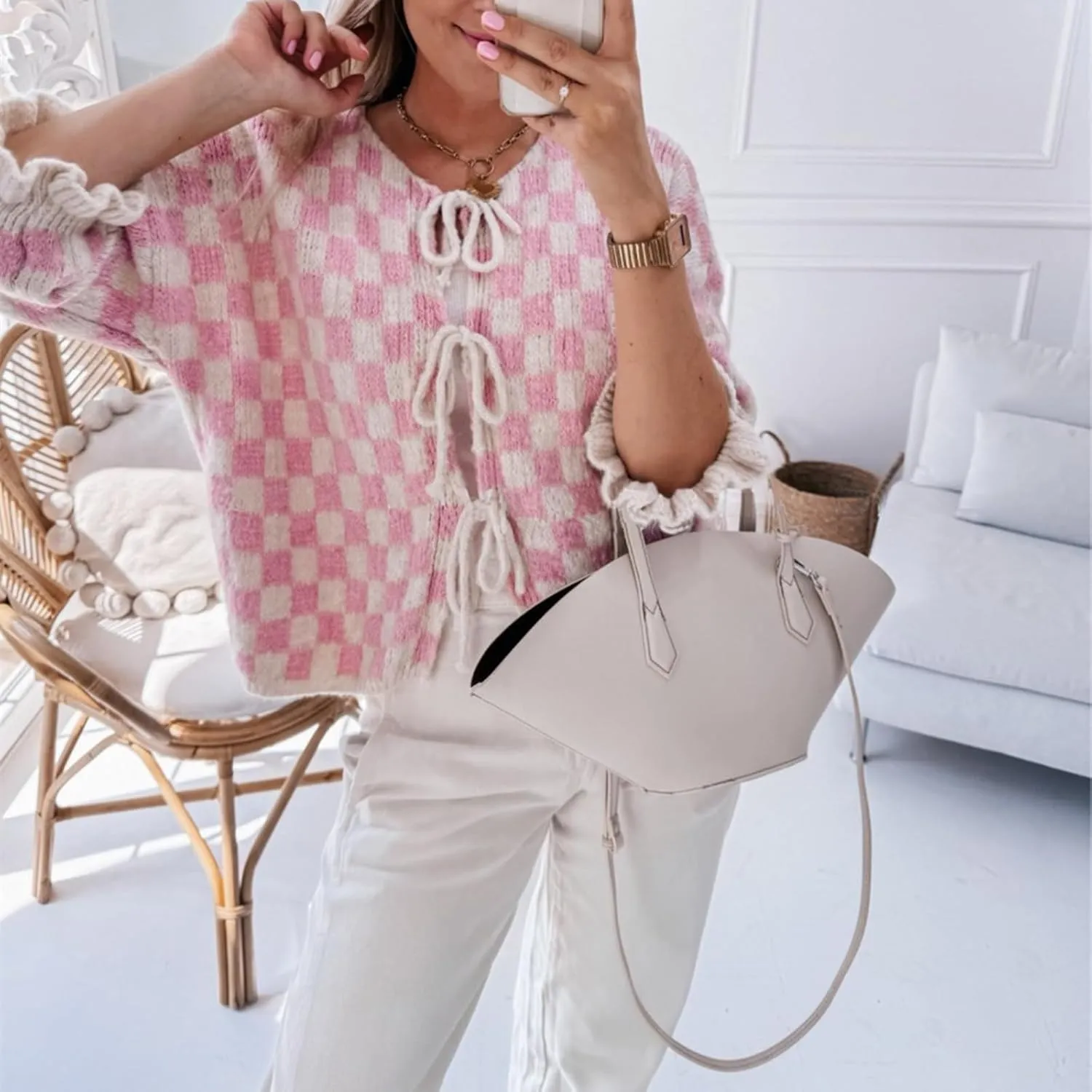 Women Y2K Tie Front Cardigan Sweater Ruffle Short Sleeve Checkered Open Front Knit Sweater Cute Loose Knitwear Tops