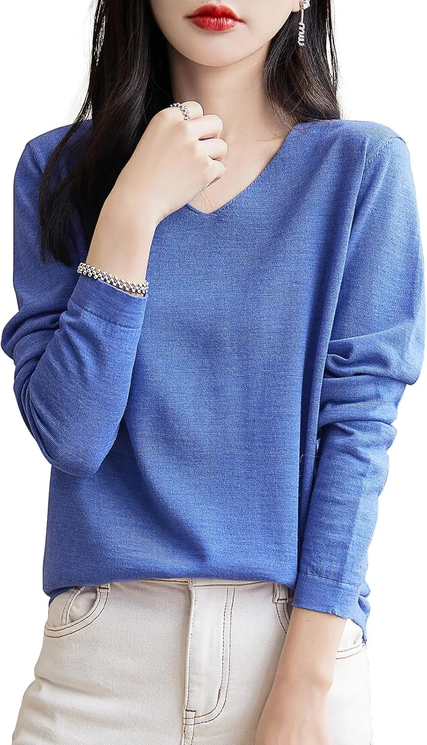 Women's 100% Merino Wool Base Layer Shirt Tops V Neck Long Sleeve Travel Hiking Tee T Shirt Pullover Sweater