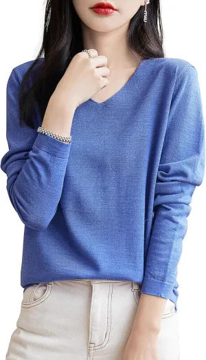 Women's 100% Merino Wool Base Layer Shirt Tops V Neck Long Sleeve Travel Hiking Tee T Shirt Pullover Sweater