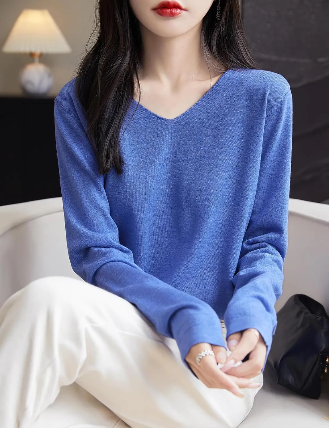 Women's 100% Merino Wool Base Layer Shirt Tops V Neck Long Sleeve Travel Hiking Tee T Shirt Pullover Sweater