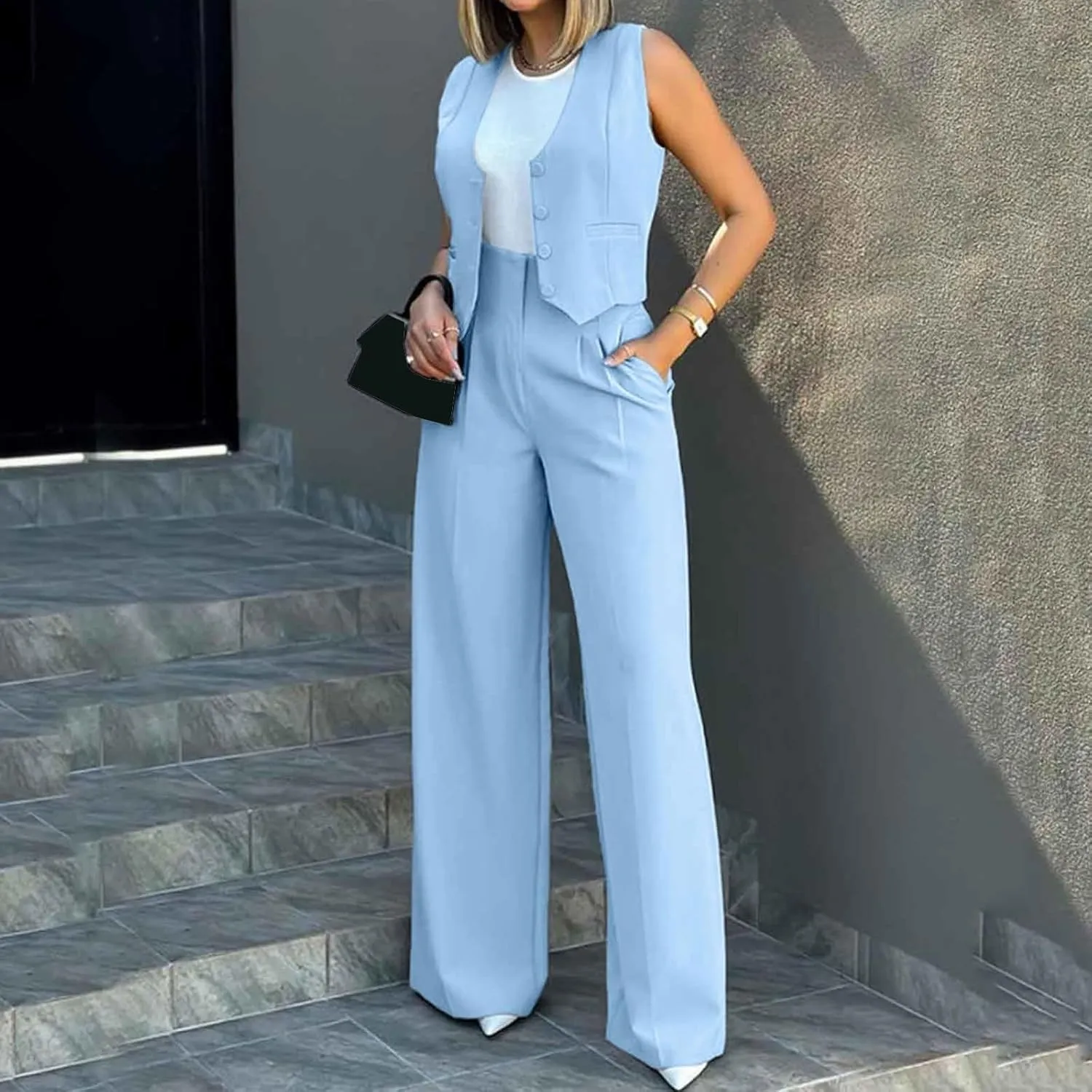 Women's 2 Piece Outfits V Neck Sleeveless Crop Vest Blazer and Wide Leg Pants Work Office Business Casual Suit Sets