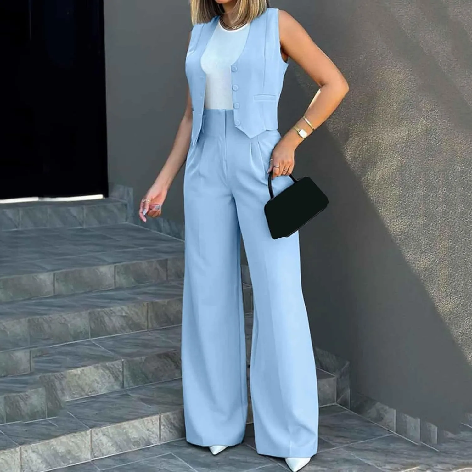 Women's 2 Piece Outfits V Neck Sleeveless Crop Vest Blazer and Wide Leg Pants Work Office Business Casual Suit Sets