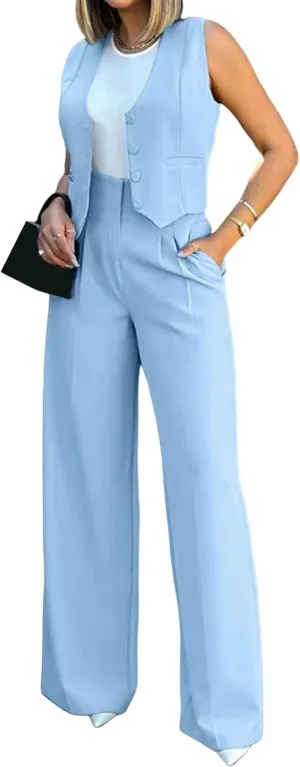Women's 2 Piece Outfits V Neck Sleeveless Crop Vest Blazer and Wide Leg Pants Work Office Business Casual Suit Sets