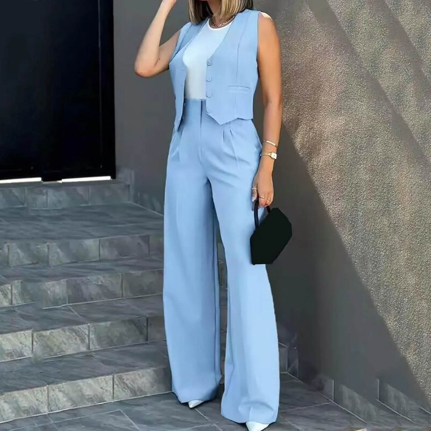 Women's 2 Piece Outfits V Neck Sleeveless Crop Vest Blazer and Wide Leg Pants Work Office Business Casual Suit Sets