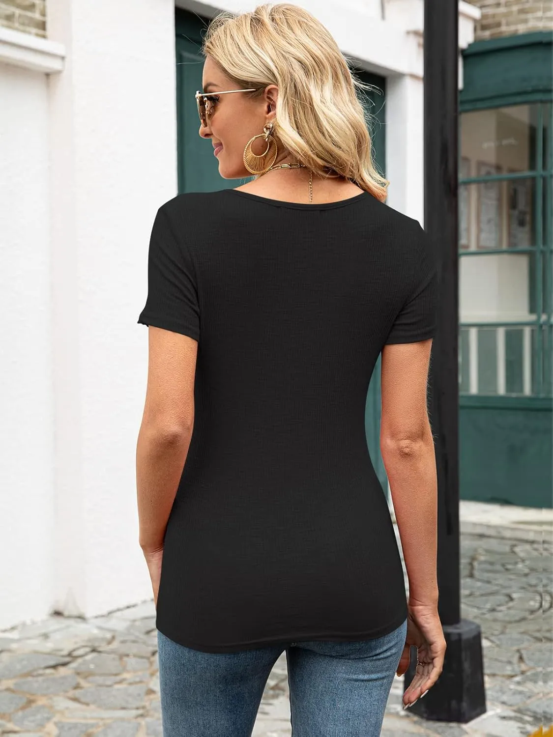 Women's 2024 Short Sleeve Ribbed Knit Tops Ruched V Neck Henley Shirts Button Up Lace Trim Blouses Tee