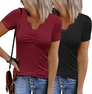 Women's 2024 Short Sleeve Ribbed Knit Tops Ruched V Neck Henley Shirts Button Up Lace Trim Blouses Tee