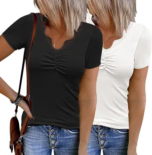 Women's 2024 Short Sleeve Ribbed Knit Tops Ruched V Neck Henley Shirts Button Up Lace Trim Blouses Tee